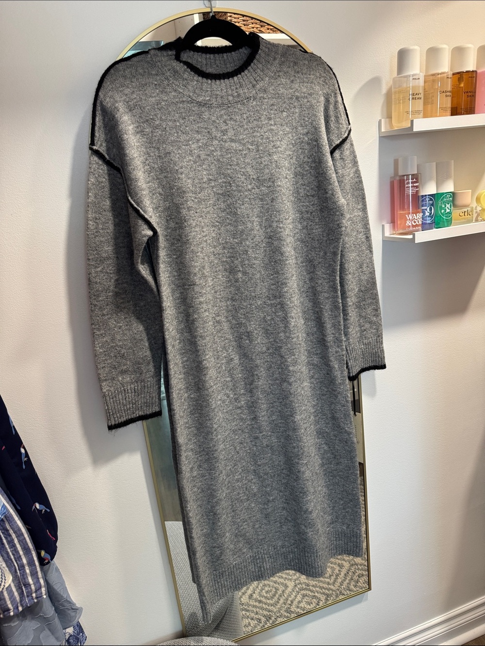 NWT Penelope Rose Grey Knit Midi Sweater Dress with Black Trim Small